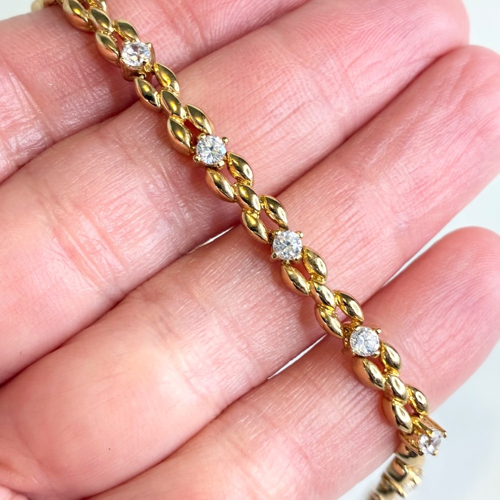Vintage Tennis Bracelet Gold Tone Roman Twisted Link Crystal 7.25"